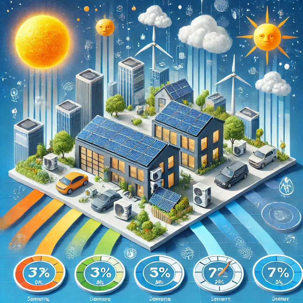 "Graphic comparing the efficiency of solar panels for air conditioning in different climates and sunlight conditions."