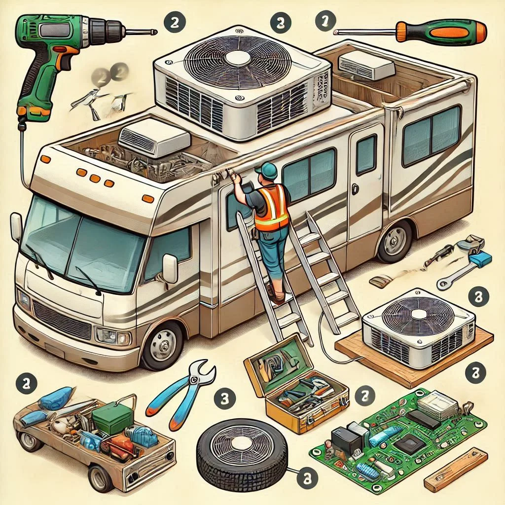 "A step-by-step illustration of a 12V RV air conditioner installation process, showing tools and the placement of components."