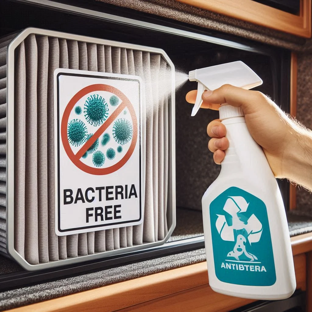 A close-up of hands spraying an antibacterial solution onto an RV AC filter with a clean surface and labeled as “Bacteria-Free.”