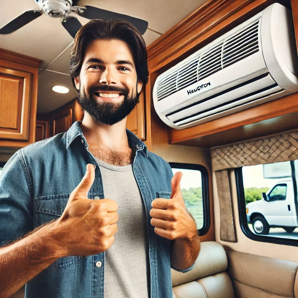 "A happy RV owner giving a thumbs-up near their Houghton RV air conditioner inside their RV. The image should showcase a comfortable, well-cooled RV interior with the air conditioner operating quietly in the background."