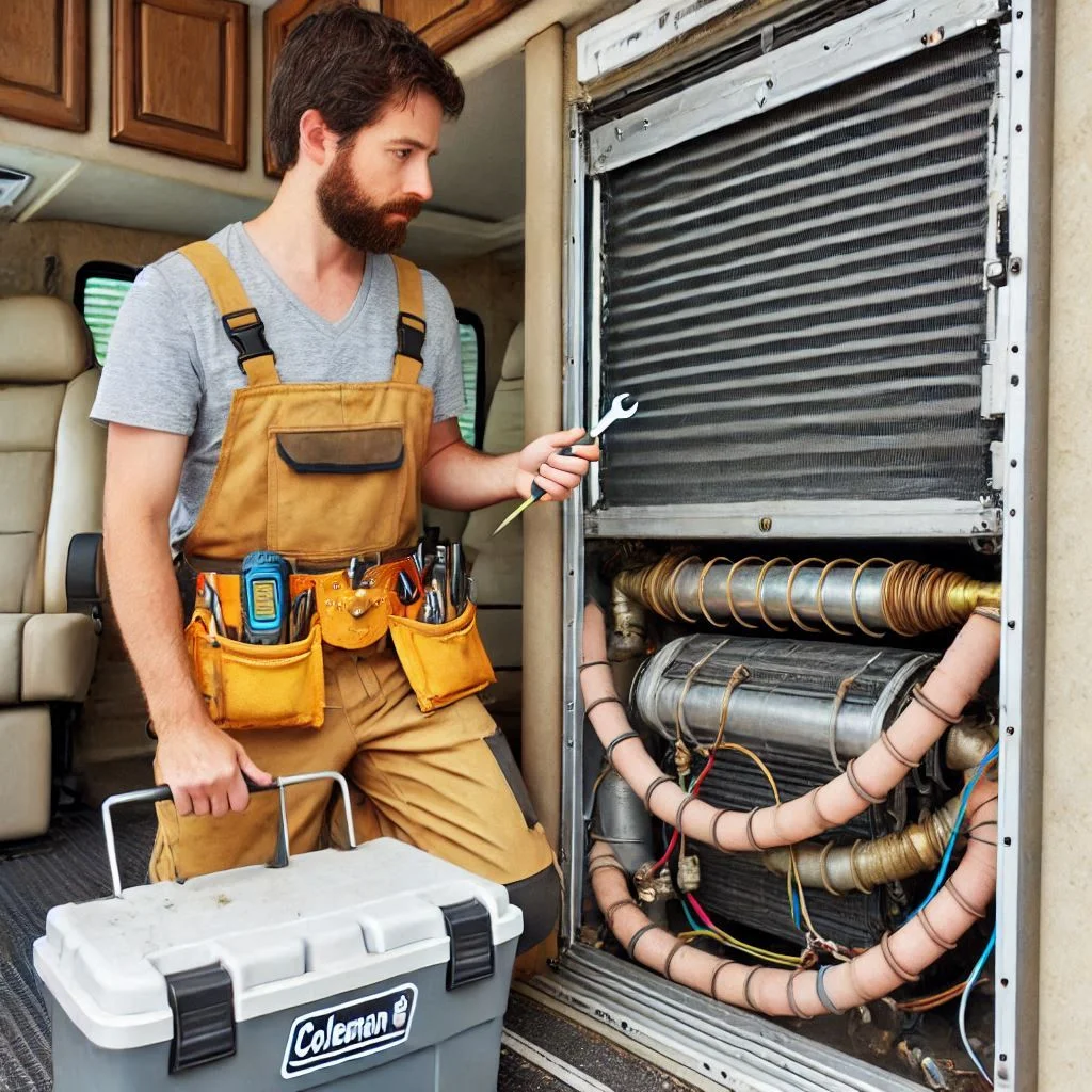 "Image showing a technician inspecting the evaporator and condenser coils for dirt buildup on a Coleman Mach RV air conditioner."