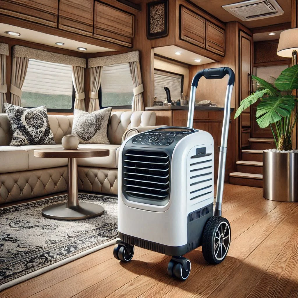 A premium portable AC with wheels and a retractable handle, being easily moved by a camper in a luxury RV setup.