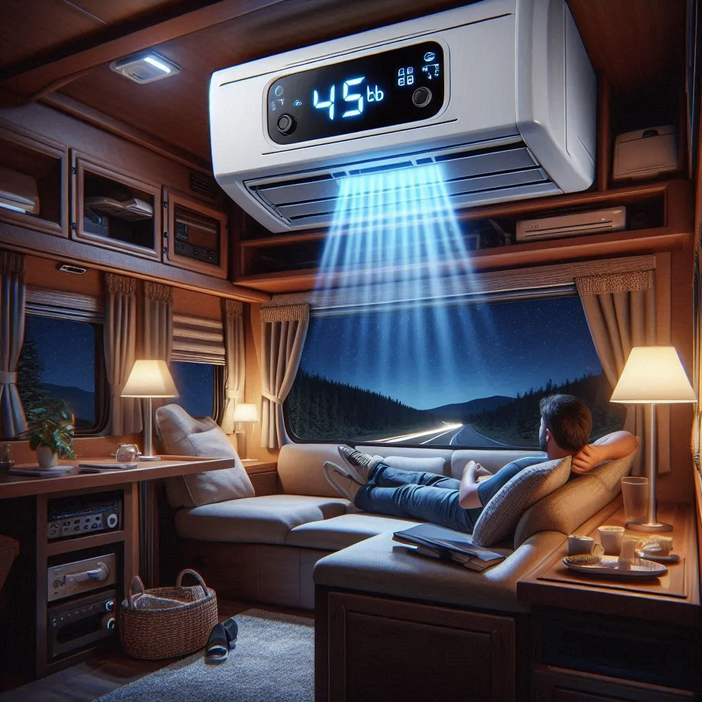 "An interior view of an RV at night with a person relaxing, showcasing a running 12V air conditioner with a visible noise decibel level of 45 dB on display."