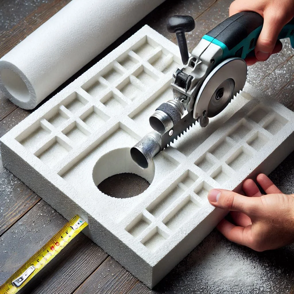 A polystyrene board with a vent pipe hole being cut out using a hole saw or utility knife.