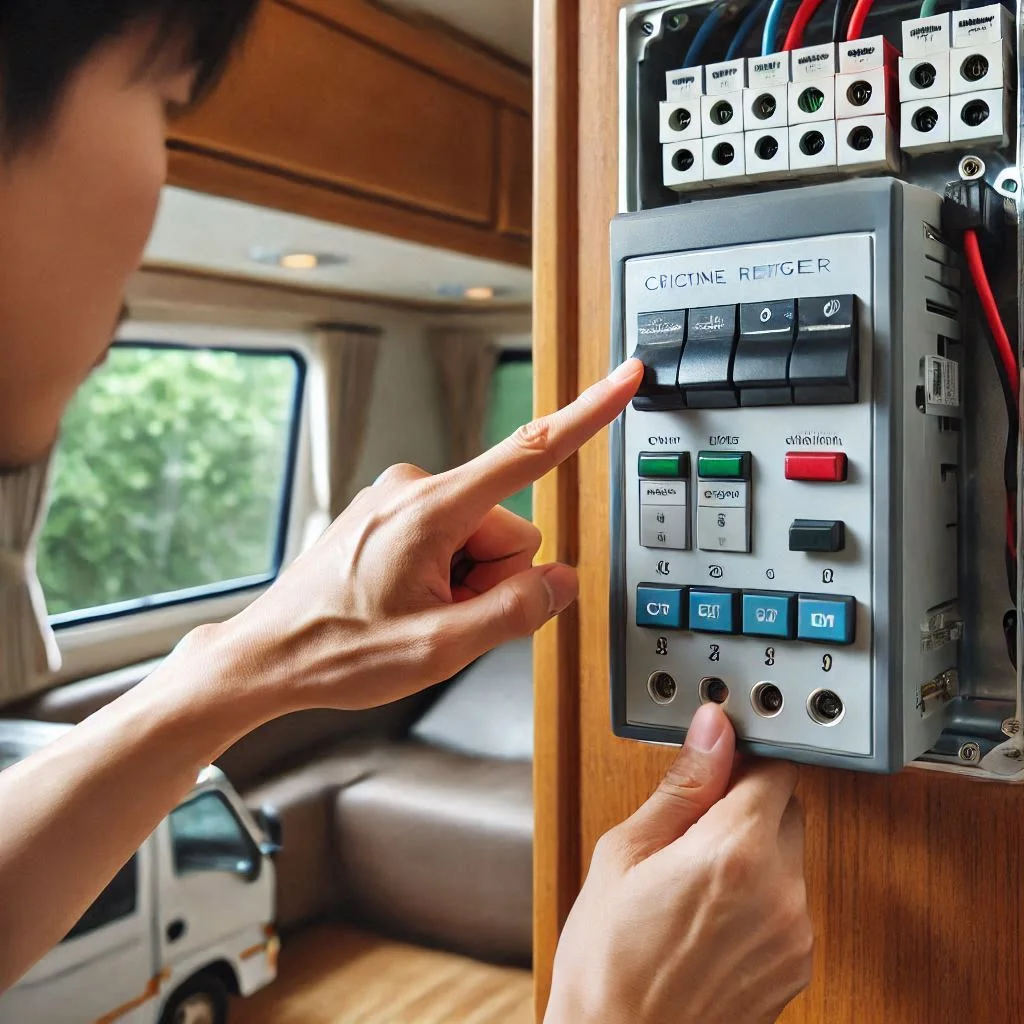 "Image of a person flipping the circuit breaker switch to reset an RV air conditioner."