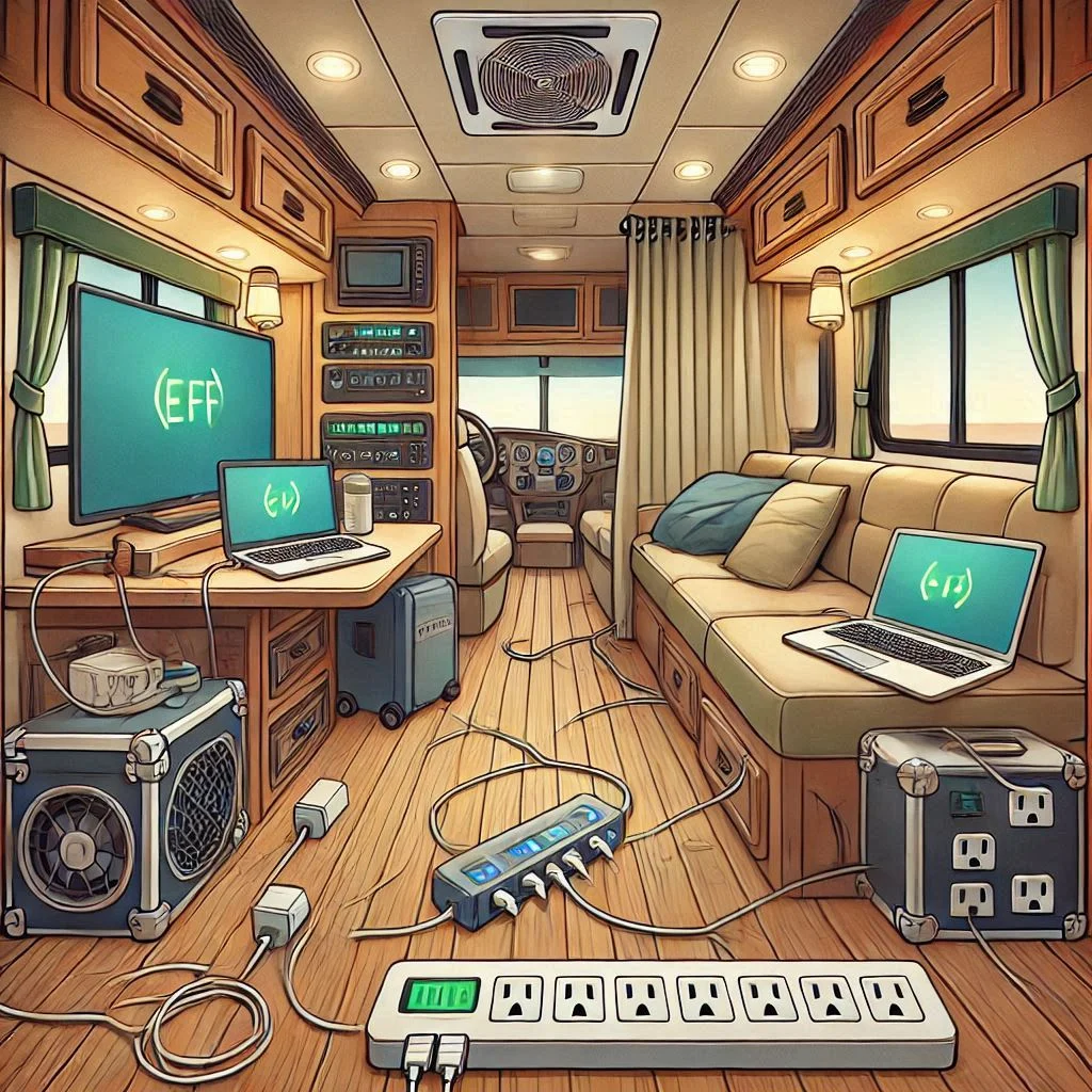 "An RV interior with various electronics like a TV, laptop, and phone charger powered off. The scene is tidy, with power strips turned off, showing how to reduce heat from electronics."