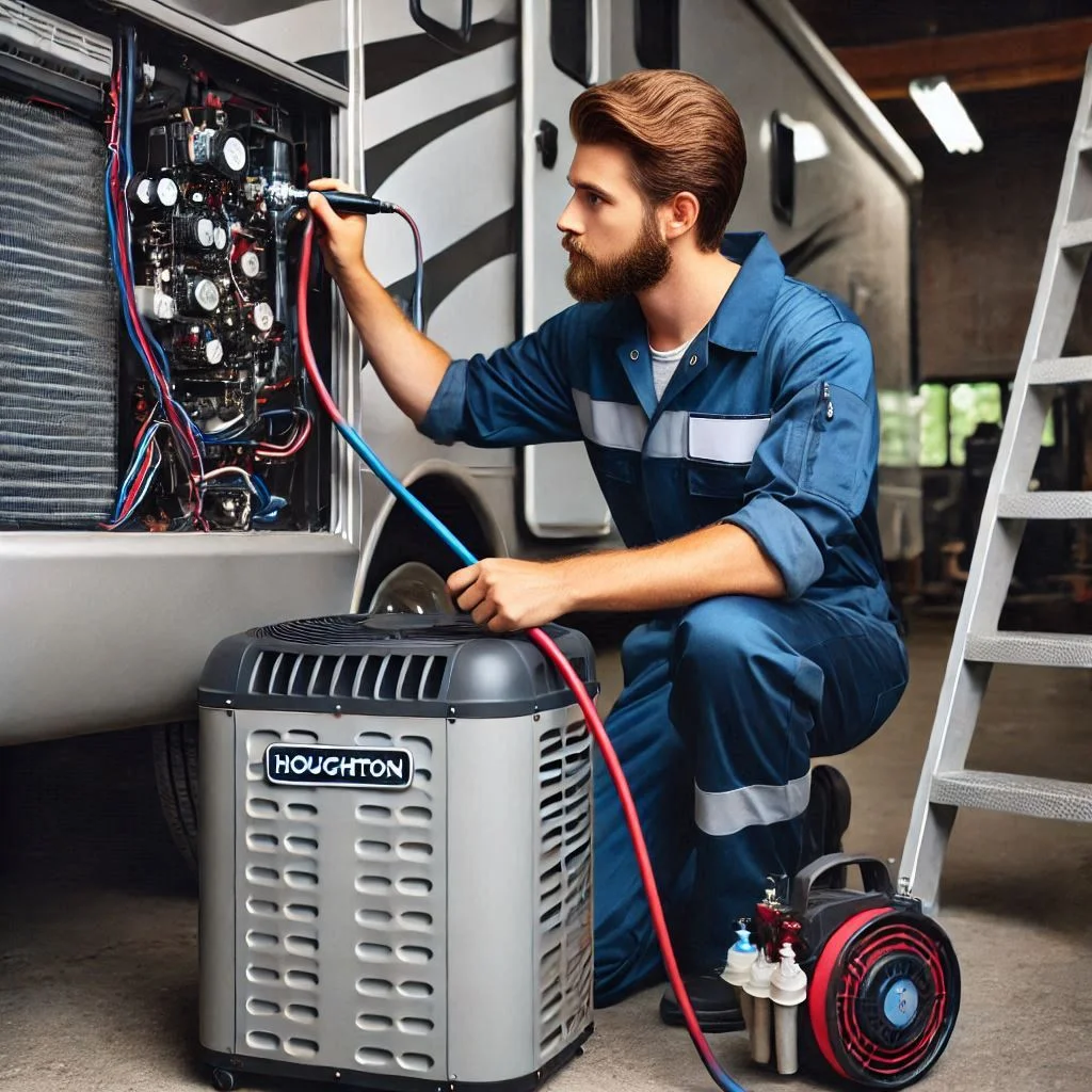 "An image of a professional technician performing a thorough inspection and maintenance service on a Houghton RV air conditioner, checking refrigerant levels and cleaning the coils in a well-equipped garage."