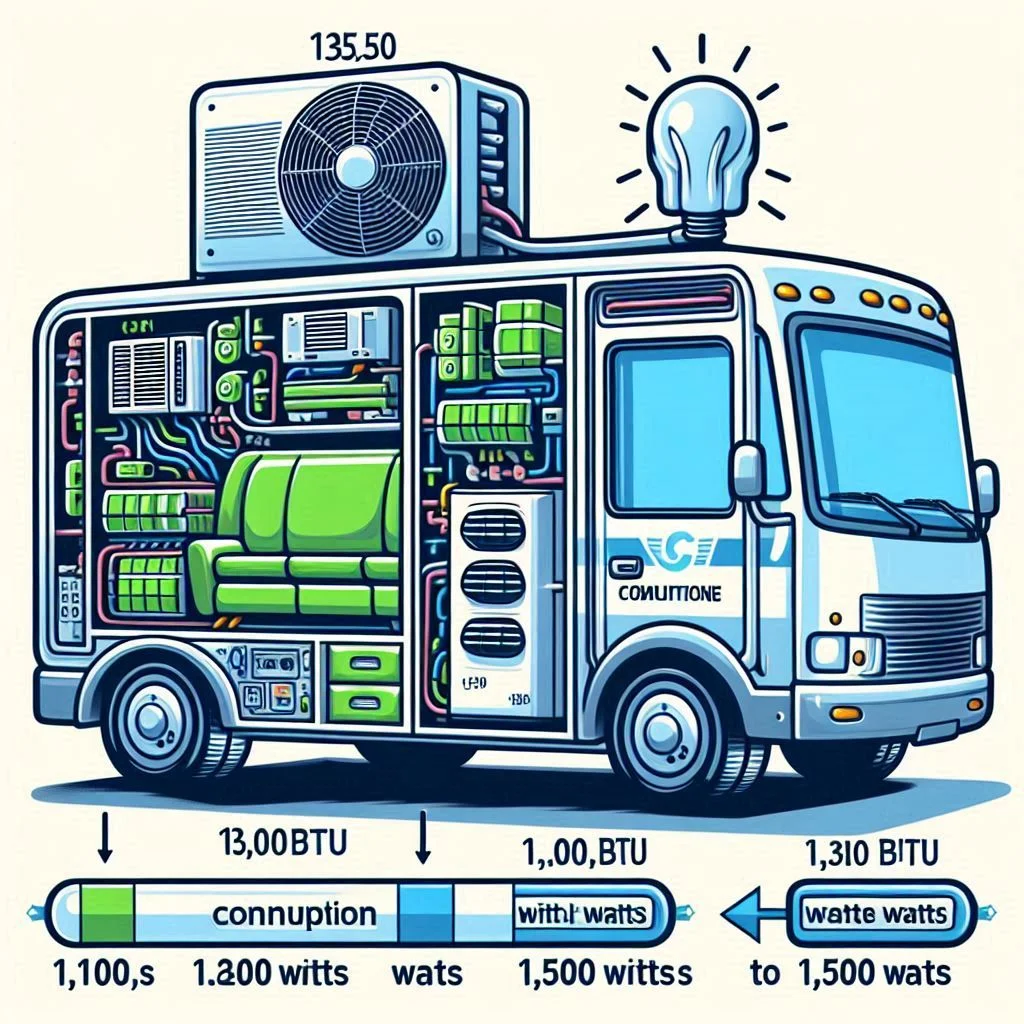 "An illustration of a 13,500 BTU RV air conditioner showing its wattage consumption range (1,200 to 1,500 watts) compared to BTUs."