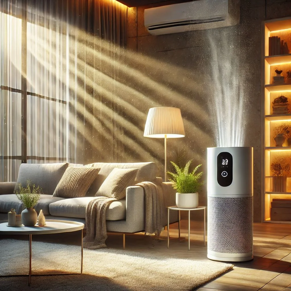 "Image of a modern air purifier in a living room with visible air flow and dust particles being filtered out. The setting should have bright lighting and a clean, cozy home atmosphere."