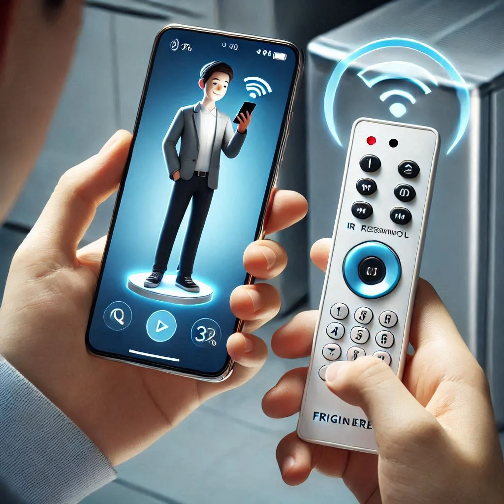 A person using their smartphone to check the IR signal on a Frigidaire remote control to determine if it is working.