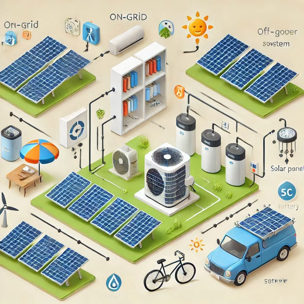 "Diagram comparing on-grid vs off-grid solar power systems for running an air conditioner, with solar panels and battery storage."