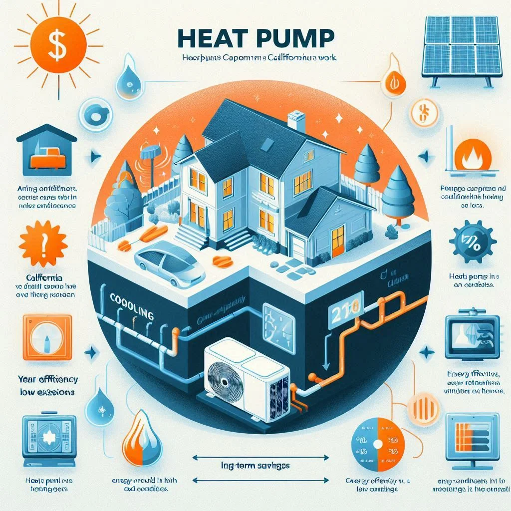 An image comparing the benefits of heat pumps vs. air conditioners in California, using visuals to highlight factors such as energy efficiency, cooling capacity, and long-term savings.