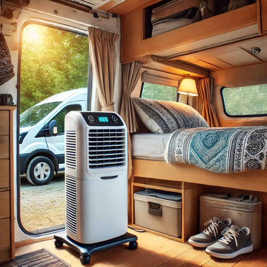 A camper van with a portable air conditioner running quietly, ensuring a peaceful environment for relaxation.