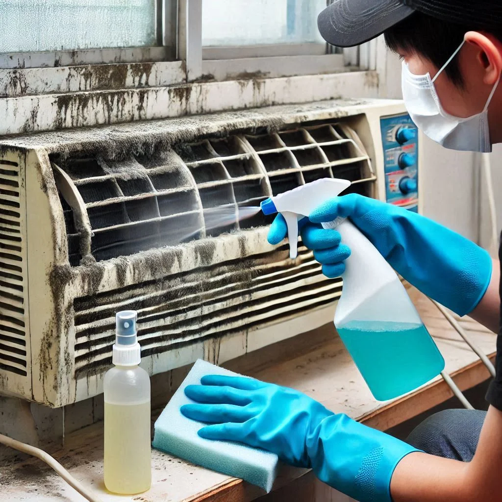 "A person using a spray bottle with a mold cleaner to thoroughly clean the interior of a window air conditioner unit."