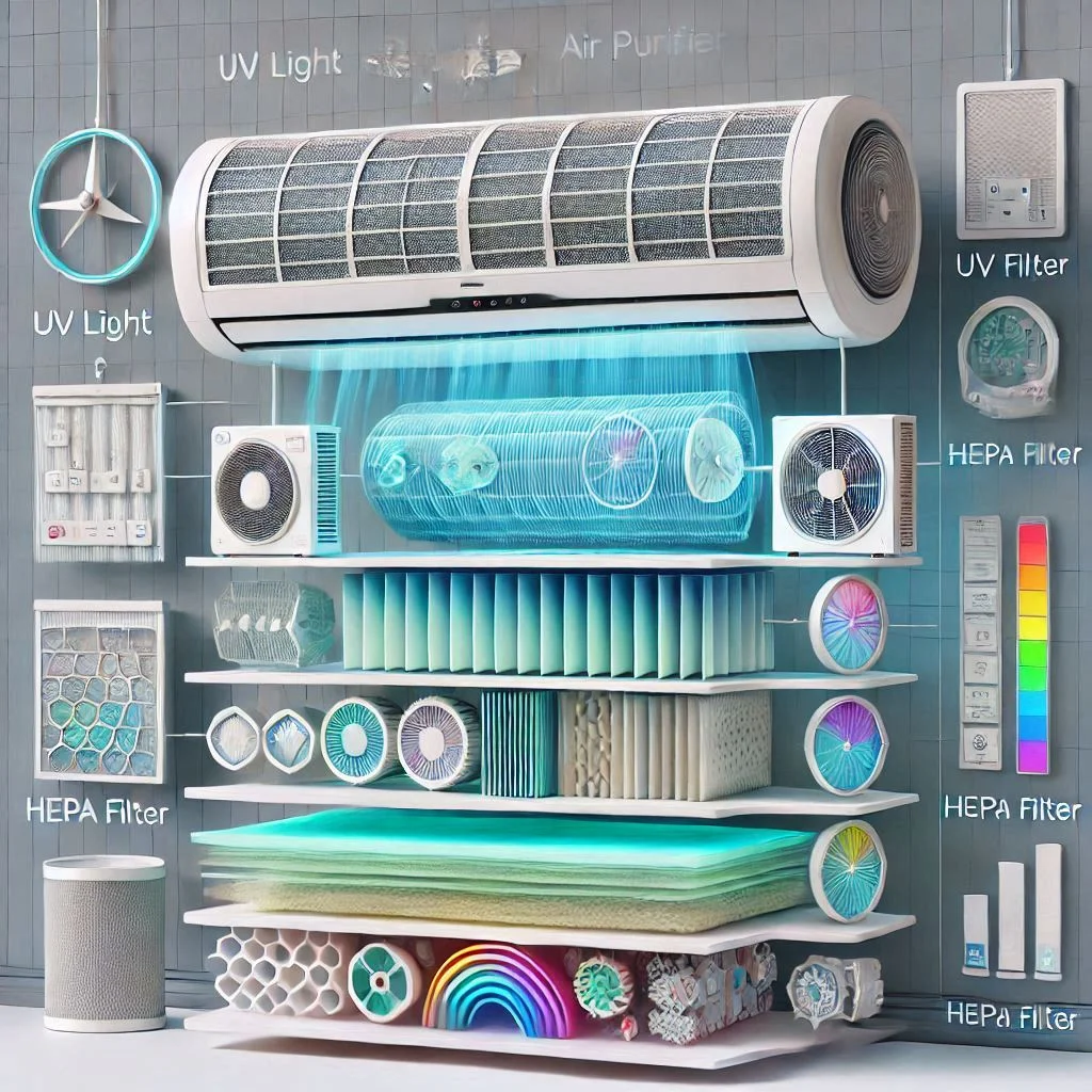 "An AC system equipped with a UV light air purifier and HEPA filter, visually demonstrating the layers of air purification."