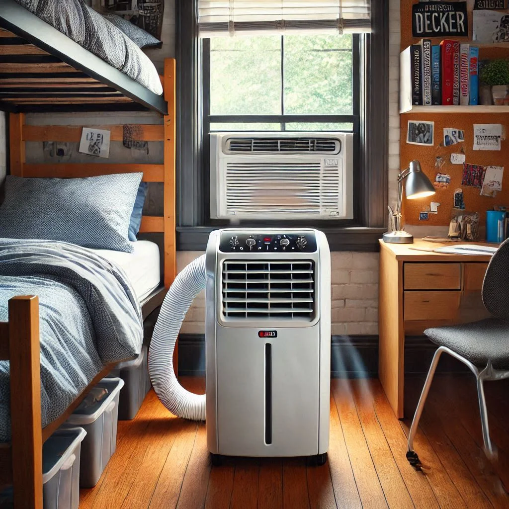 "Image of the Black + Decker BPACT08WT portable air conditioner in a small dorm room, efficiently cooling the space with the venting hose out of a window."