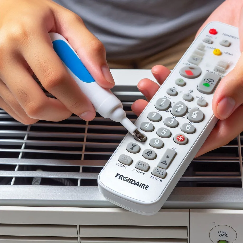 A close-up of a Frigidaire air conditioner remote with some of the buttons highlighted, showing a person cleaning under the buttons or pressing them to check for responsiveness.