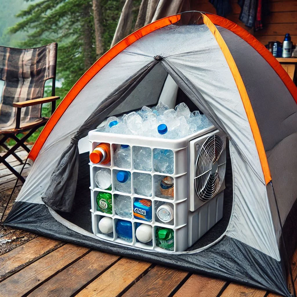 A small camping tent with a DIY ice-powered air conditioner running inside to cool the space."