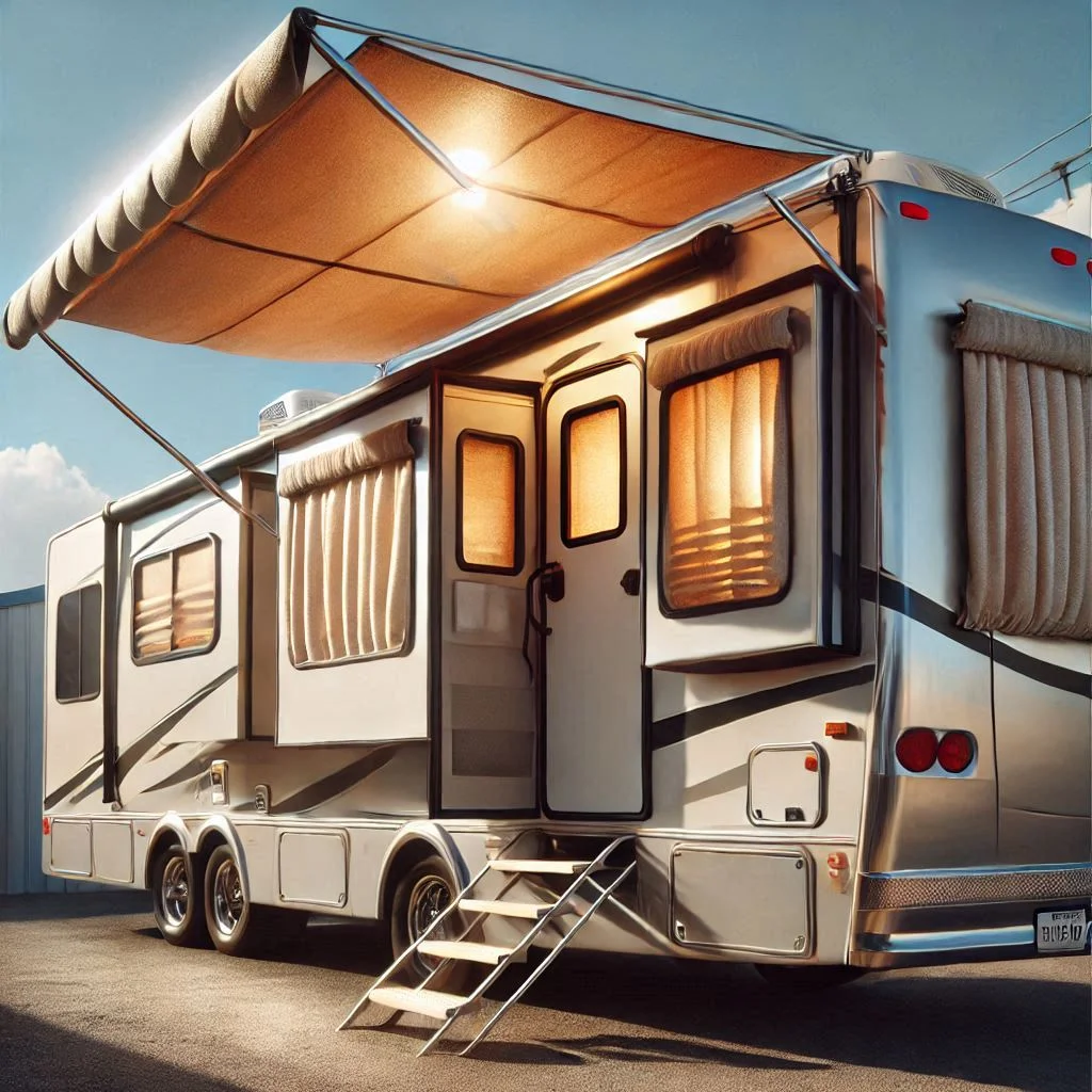 "An RV door covered with a reflective shade, with a portable awning above it to block the sunlight. The door is shaded, contributing to the overall cooling of the RV interior."