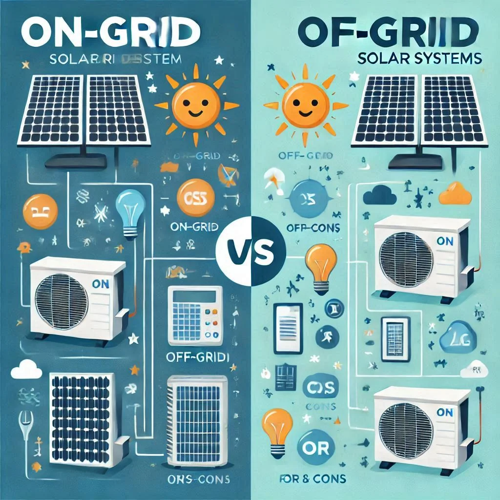 "Comparison diagram between on-grid and off-grid solar systems, highlighting their pros and cons for running an air conditioner."