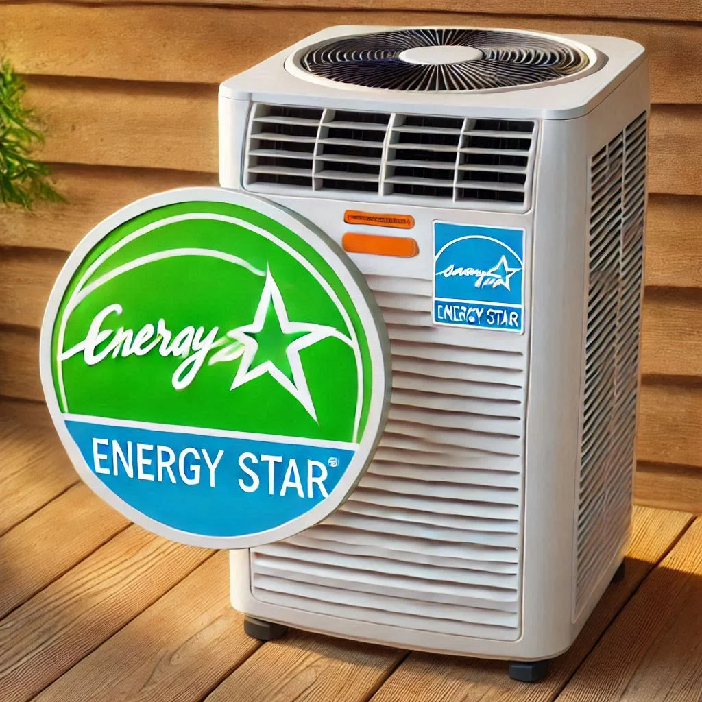 "Energy Star label on a portable air conditioner, showcasing the importance of energy-efficient units in reducing electricity costs."