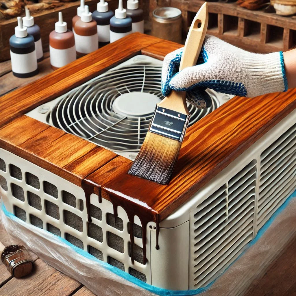 A paintbrush applying stain to a wooden air conditioner cover.