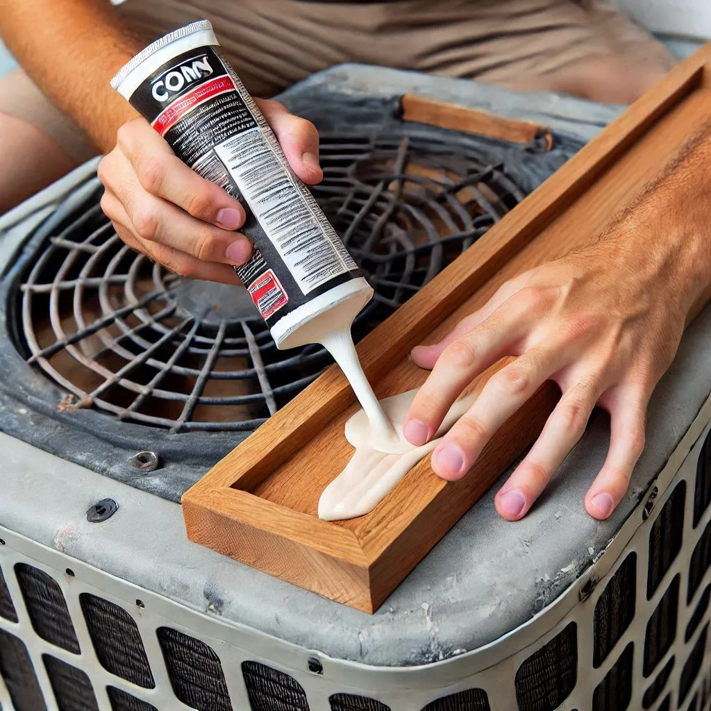 Applying wood filler to seal the edges of cap pieces on the AC cover.