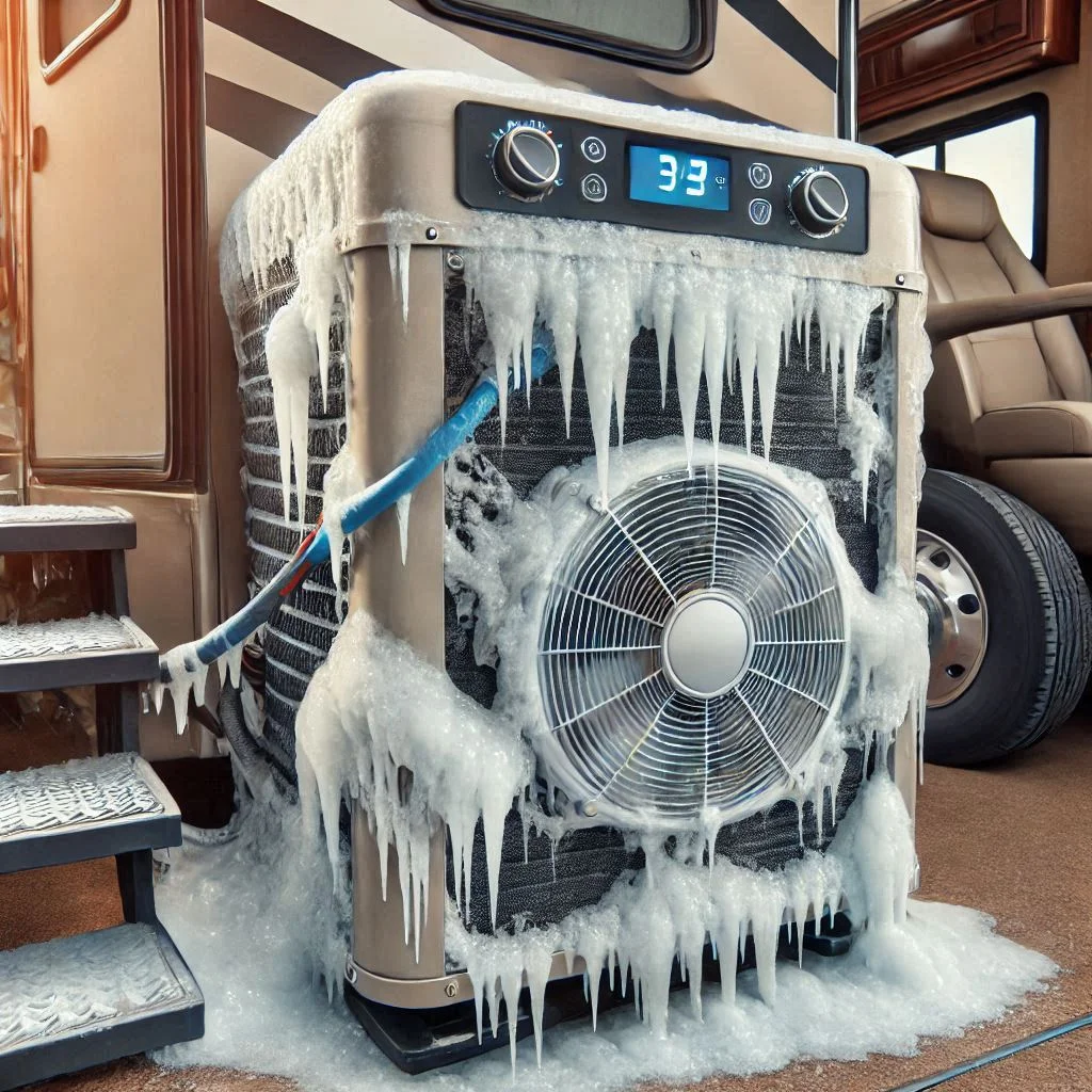 Image showing an RV air conditioner frozen over, with visible ice buildup on the coils.