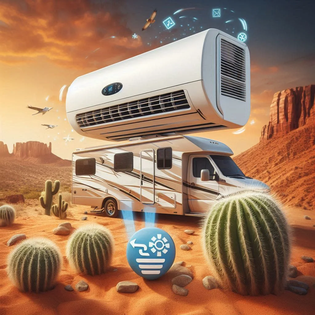 "An image of a Houghton RV air conditioner mounted on an RV roof, with a desert or hot climate background showing the air conditioner effectively cooling the RV. Include a durability symbol or icon to emphasize the robust, long-lasting nature of the unit."