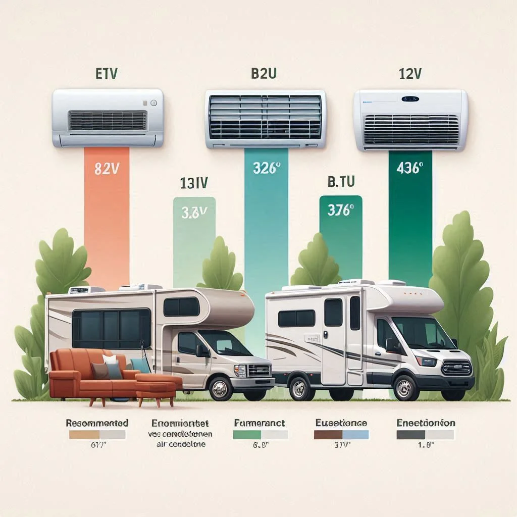 "A visual comparison chart showing RV sizes alongside recommended BTU ratings, with a 12V air conditioner highlighted as an energy-efficient option."