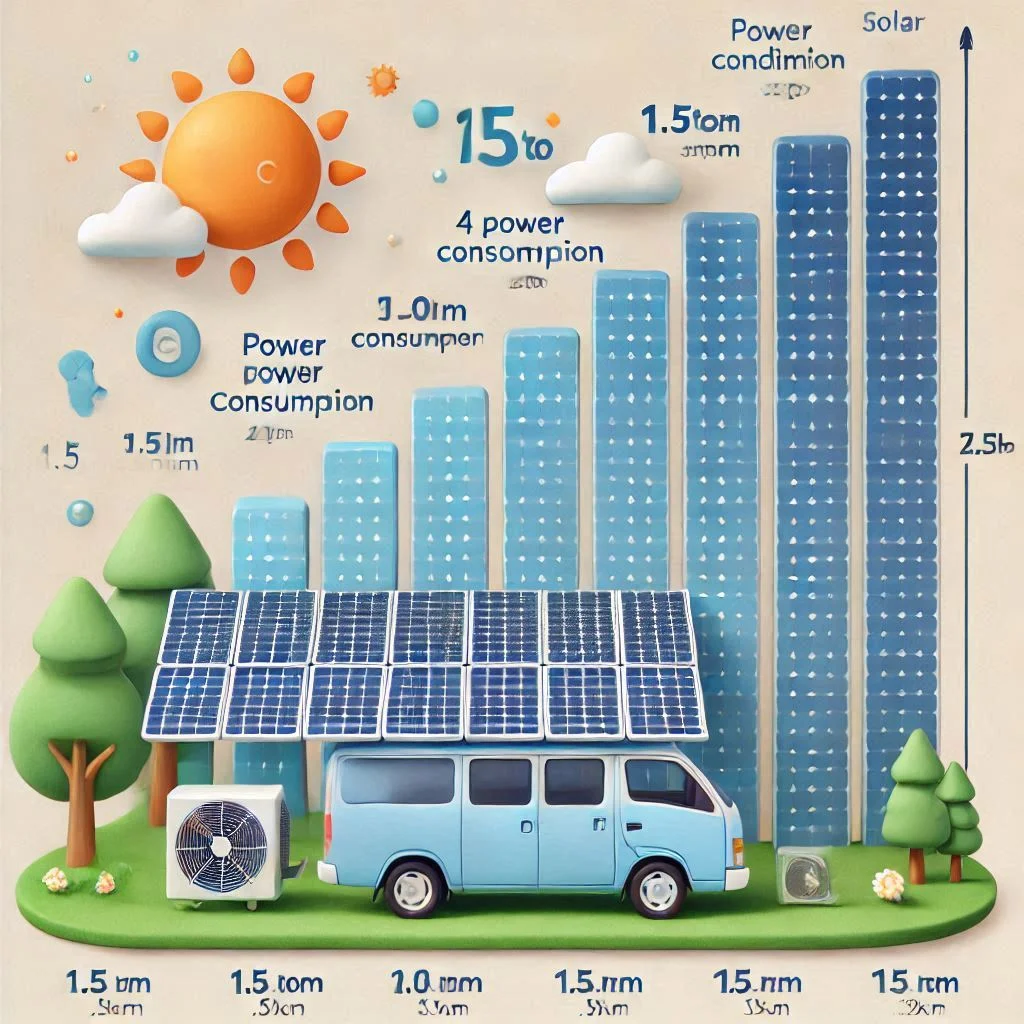 "Chart showing how many solar panels are required to run a 1.5-ton air conditioner based on power consumption and panel wattage."