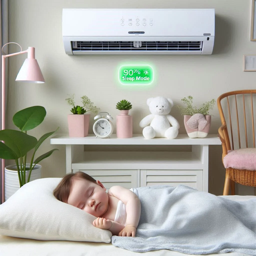 A serene nursery with a sleeping baby and a whisper-quiet air conditioner operating in the background, showing a “sleep mode” indicator.