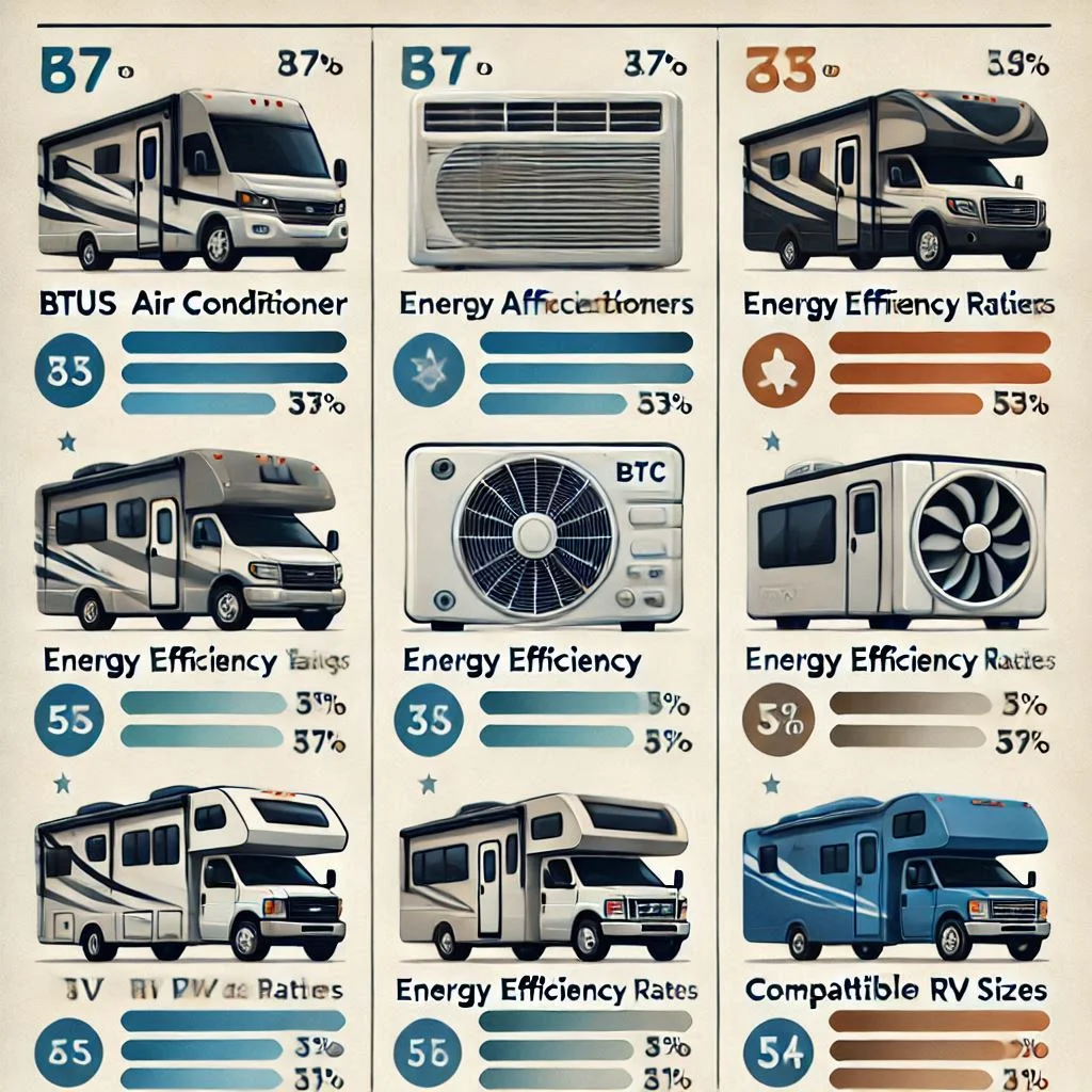 A comparison chart showing different RV air conditioner models, highlighting BTUs, energy efficiency ratings, and compatible RV sizes.