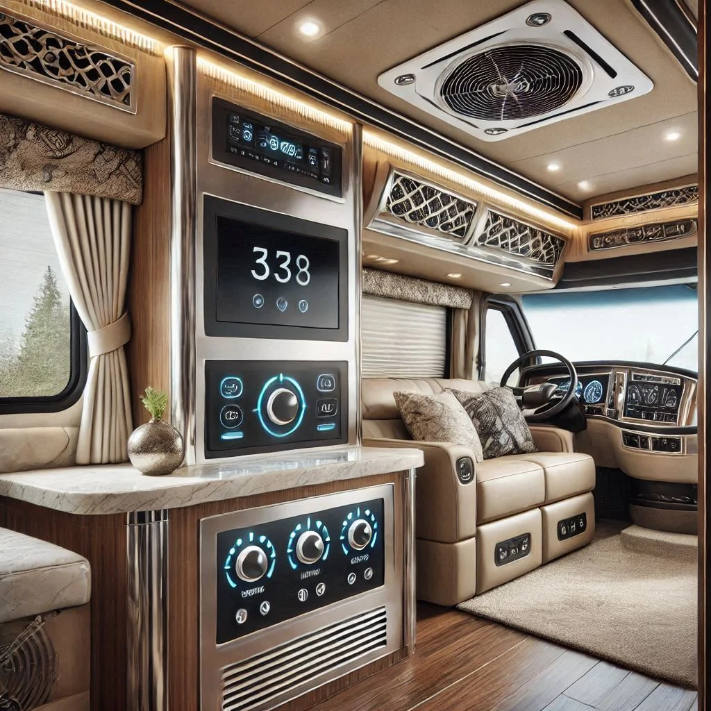 A luxury RV with a built-in HVAC system showing a sleek control panel for centralized cooling.