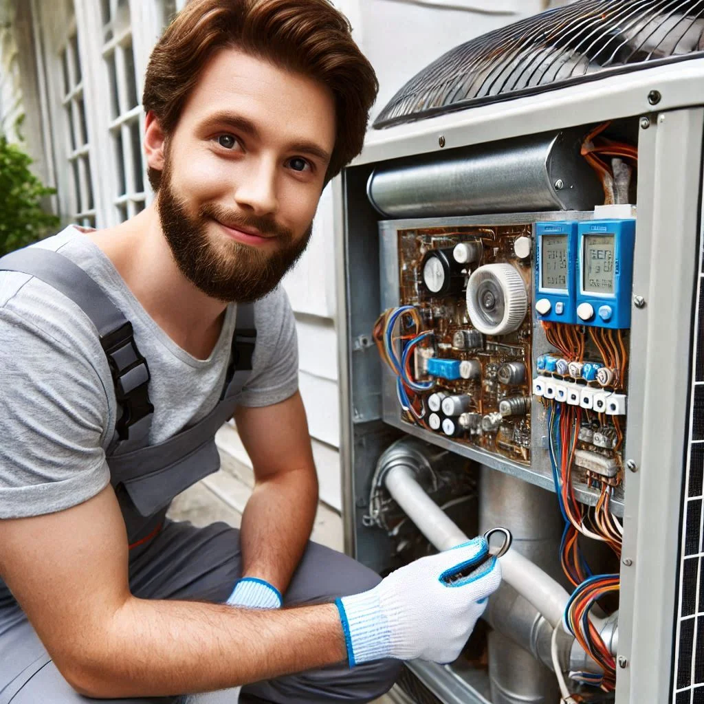 "An HVAC technician performing a maintenance check on a residential air conditioning unit, emphasizing clean and well-maintained components."