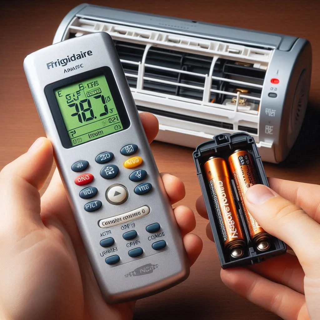 A Frigidaire air conditioner remote with the battery compartment open, showing the old batteries being removed and new ones being inserted.