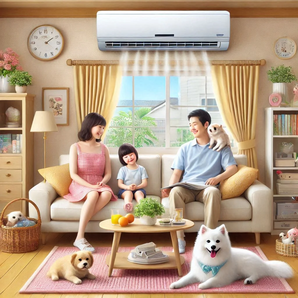 "A living room with an air conditioner operating, featuring a family with pets, emphasizing clean air free of pet dander."