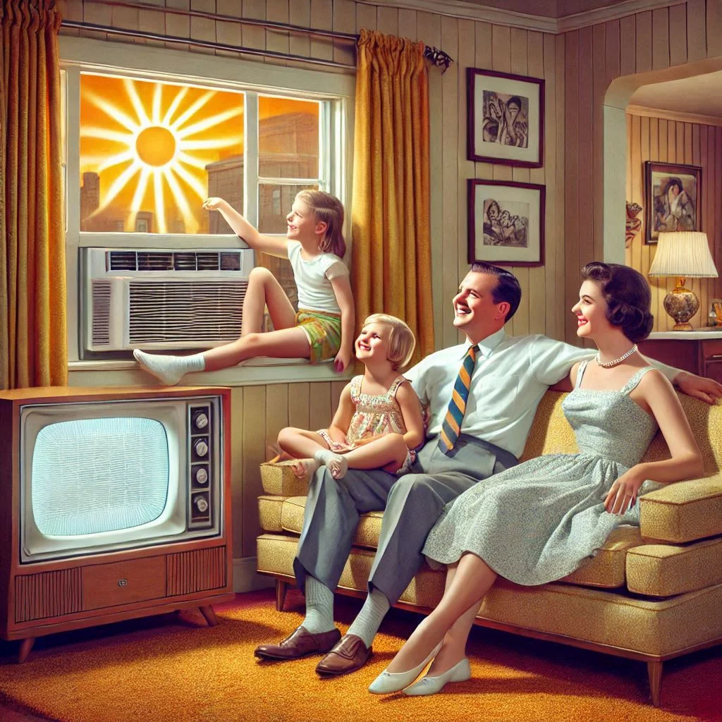 A family enjoying their living room in a 1960s home with a window air conditioning unit installed, showcasing the transformation of daily living due to air conditioning.