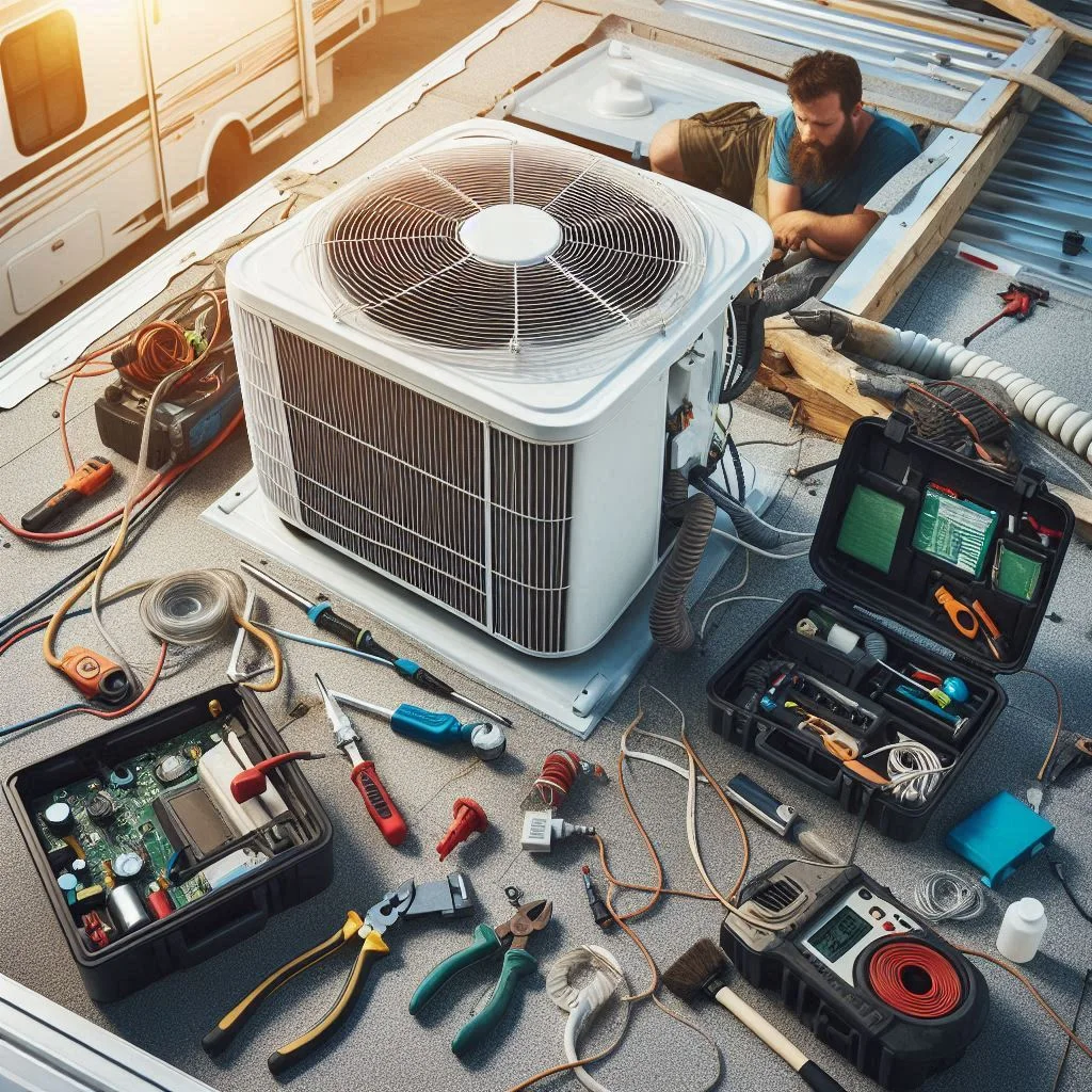 An RV roof with an old air conditioner being replaced with a modern energy-efficient model, showing tools and components involved in the process.