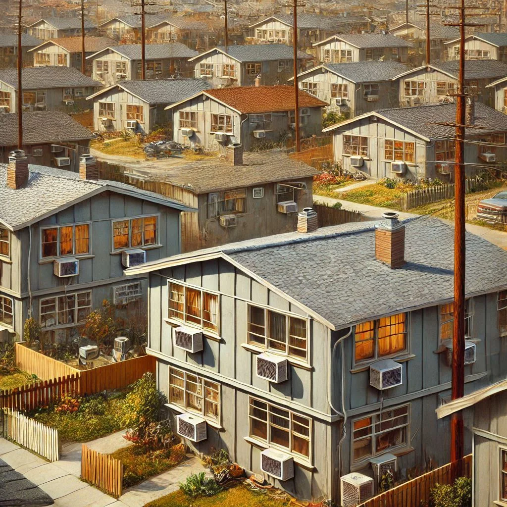 A 1960s suburban neighborhood with homes equipped with window air conditioning units, reflecting the post-war migration to suburbs and the increasing demand for cooling technology.