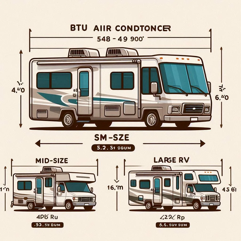 A visual guide to selecting the right size BTU air conditioner based on RV square footage, with labels for small, mid-size, and large RVs.