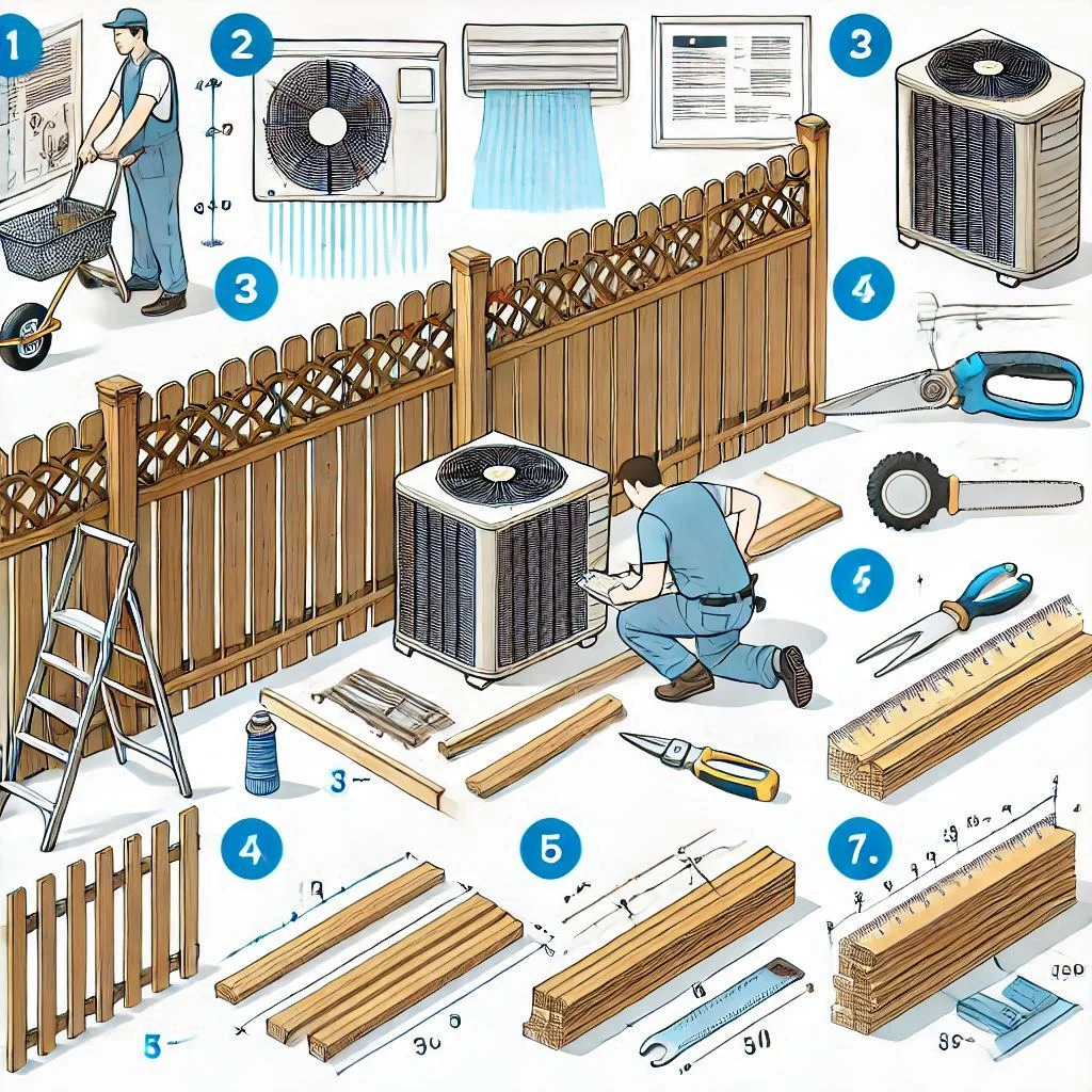 "A step-by-step guide with numbered instructions and visuals showing the beginning stages of constructing a DIY air conditioner fence, including measurements and layout planning."