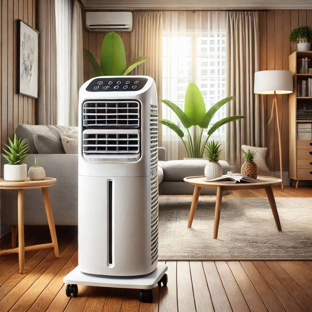 "Whynter ARC-14S Dual Hose Portable Air Conditioner and Heater in a living room, showcasing its cooling and heating functions."