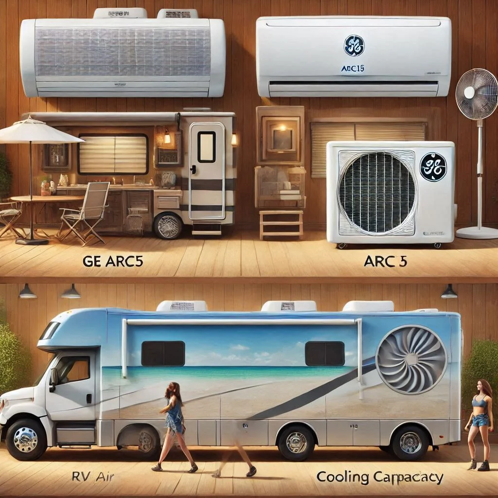 "A side-by-side comparison of the GE® ARC15 RV Air Conditioner and other popular RV air conditioners, highlighting the key differences in size, cooling capacity, and design."