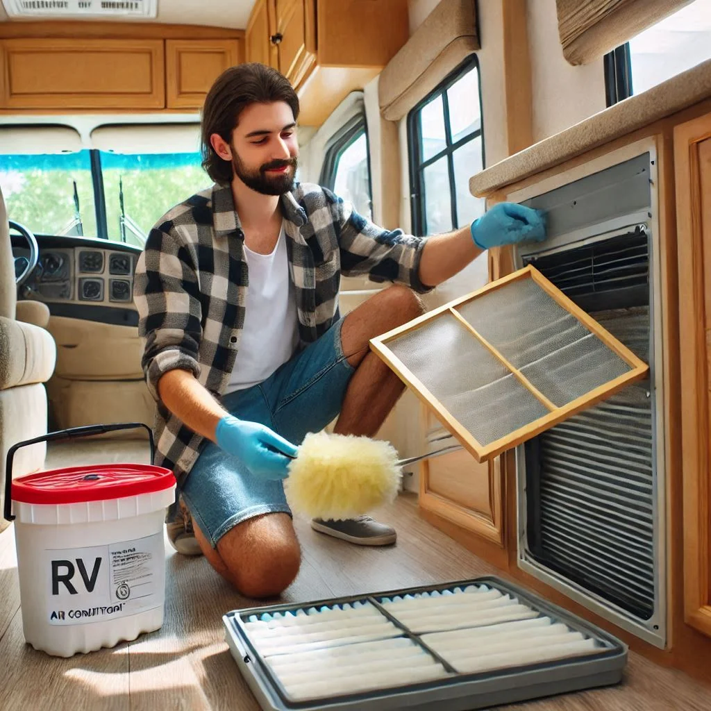 "A person cleaning an RV air conditioner filter to improve efficiency"