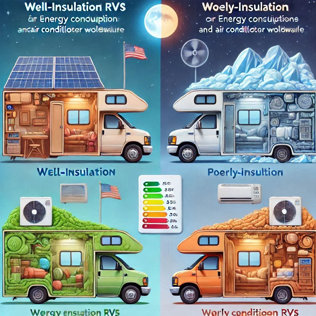 "An infographic comparing well-insulated RVs versus poorly insulated RVs, showing the difference in energy consumption and air conditioner workload."