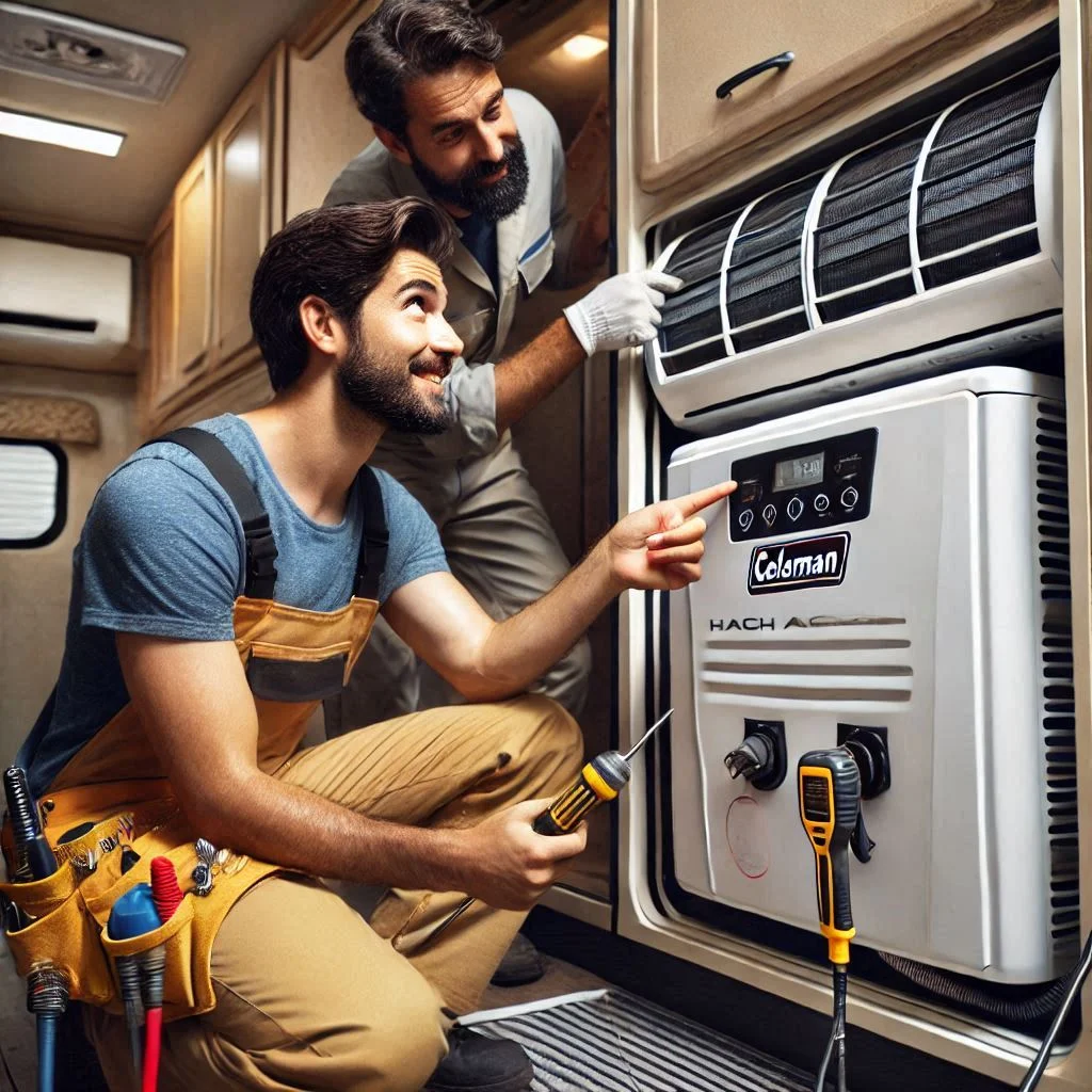 "Image of a technician locating the model number on a Coleman Mach RV air conditioner unit."