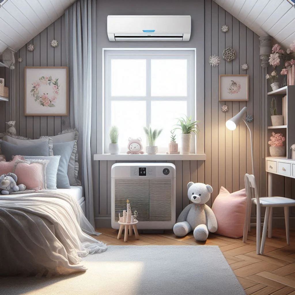 A cozy nursery with a compact hOmeLabs window air conditioner installed, seamlessly blending into the room's aesthetic while providing effective cooling.