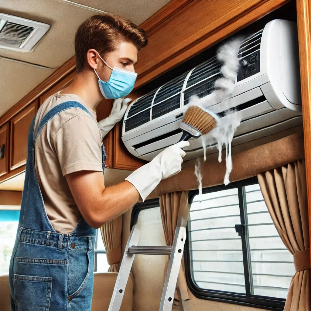 "A person cleaning an RV air conditioner unit with a soft brush, removing dust and debris to maintain cooling efficiency."