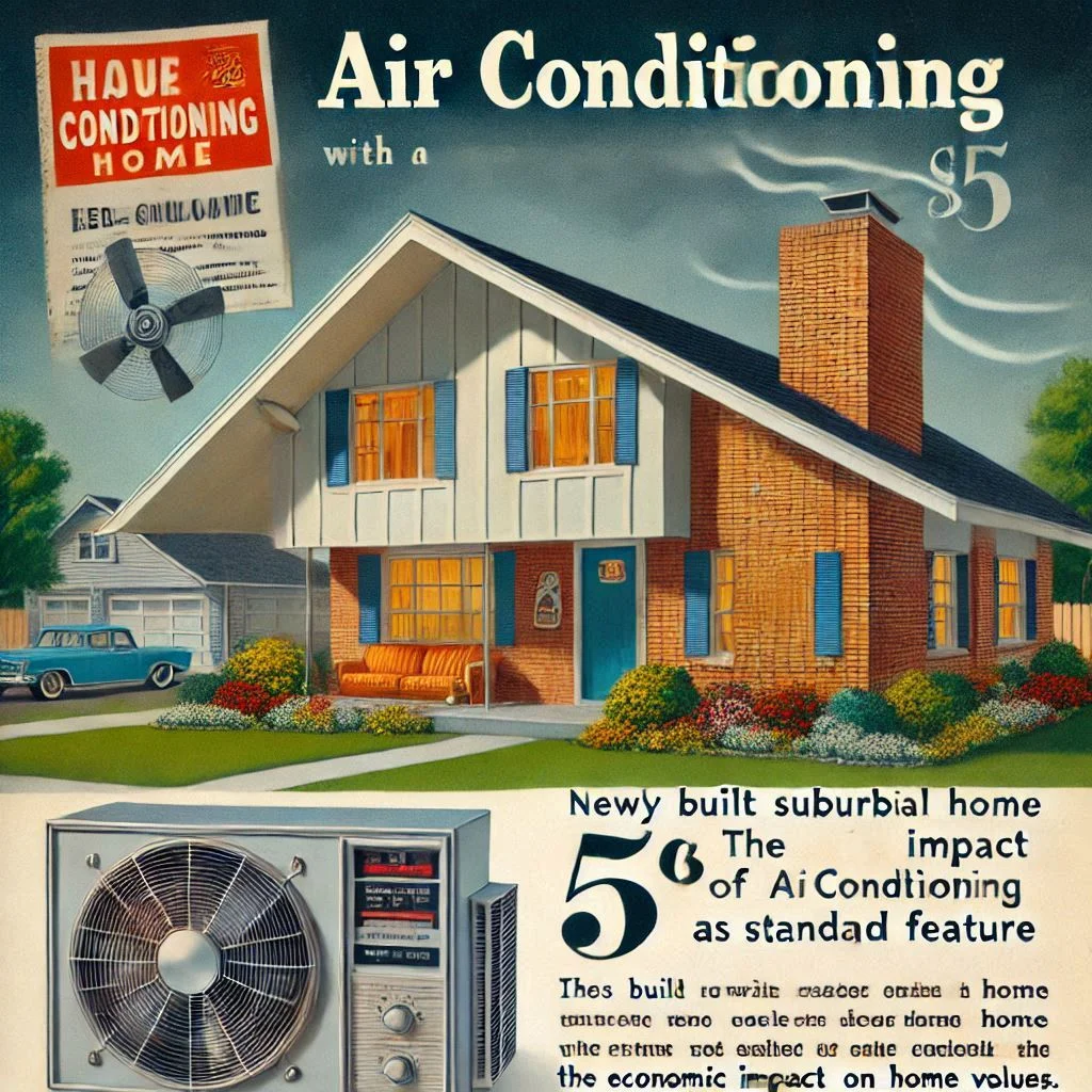 A 1960s real estate brochure showcasing a newly built suburban home with air conditioning as a standard feature, highlighting the economic impact of air conditioning on home values.